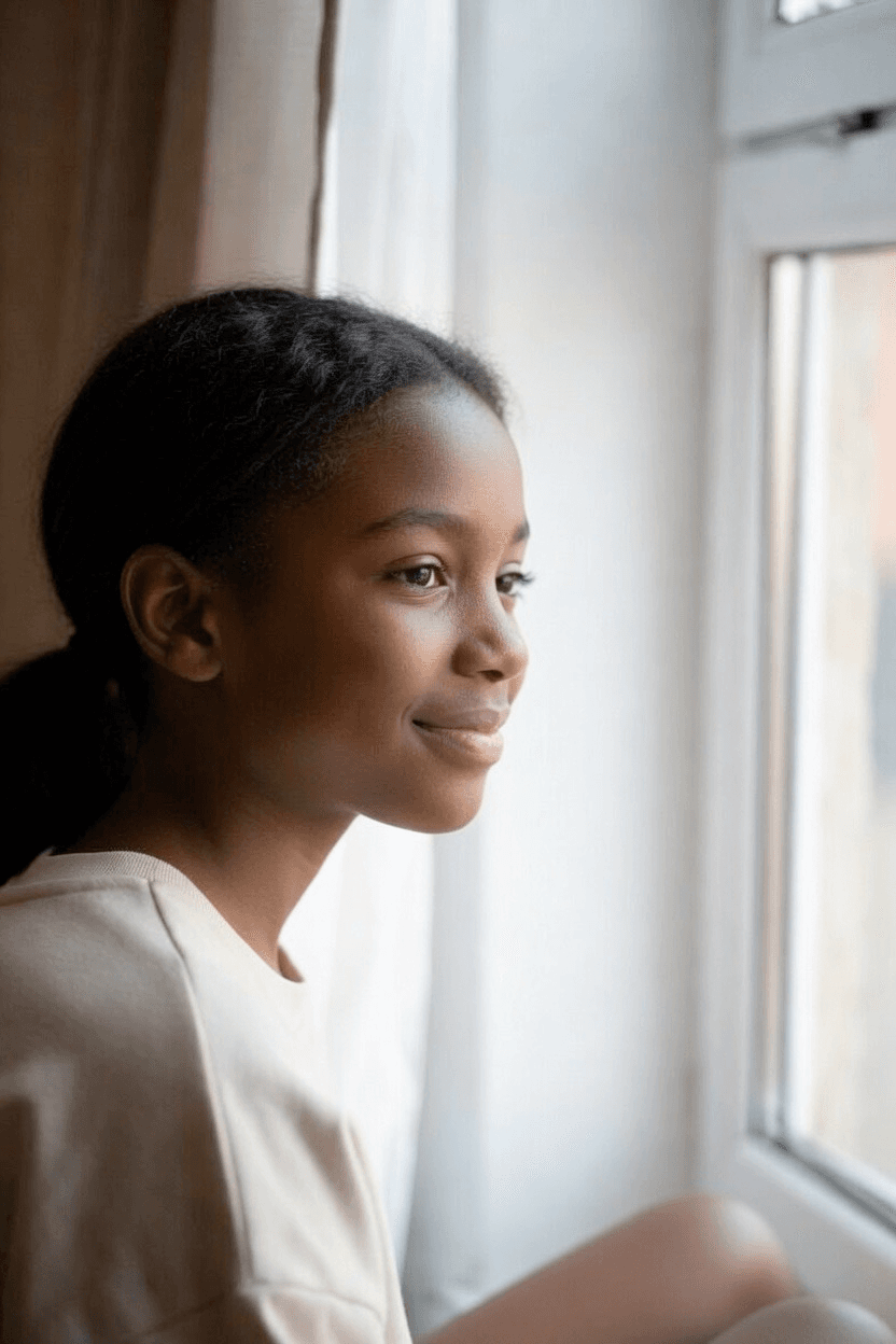 A teen looking out a window in quiet natural light.